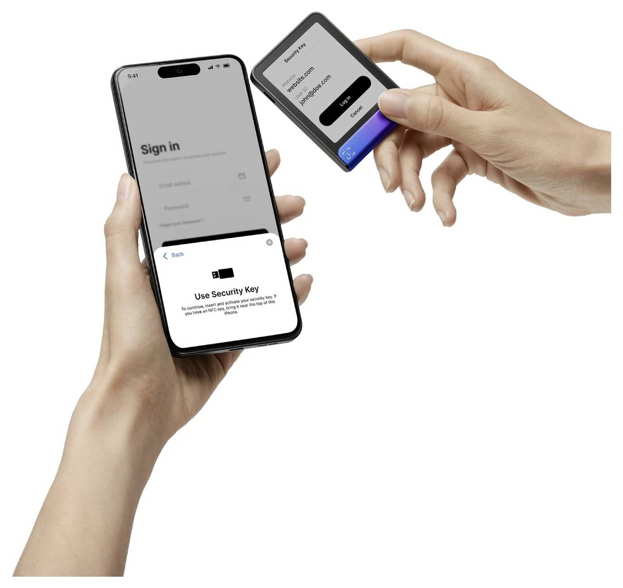 Two hands holding a smartphone and security key. The phone screen displays 'Use Security Key', indicating a secure login process.
