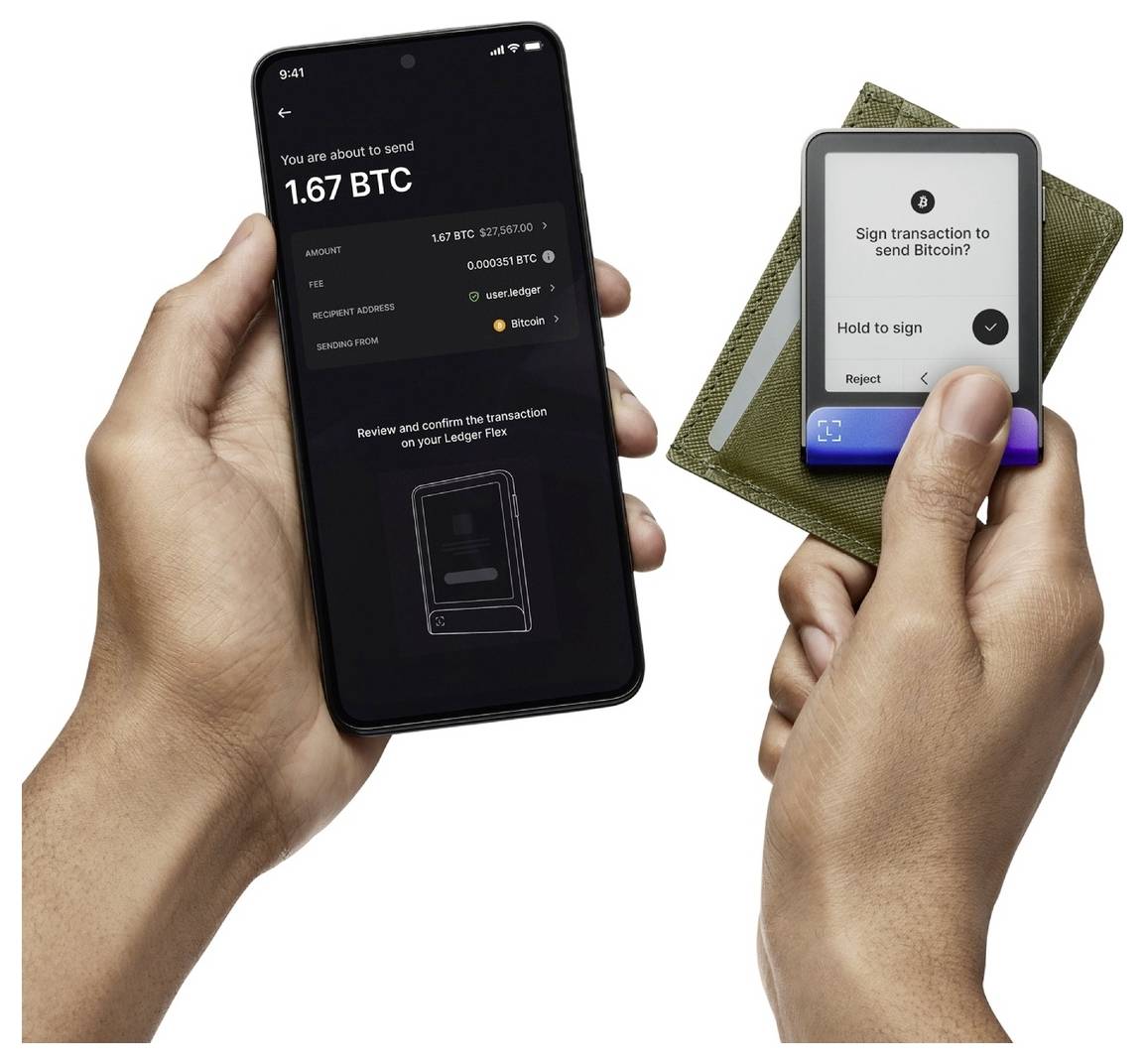 'A person holds a smartphone showing a Bitcoin transaction screen for 1.67 BTC next to a device prompting to sign the transaction.'