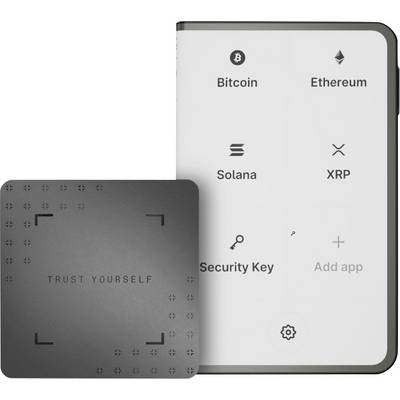 A digital wallet interface displaying cryptocurrency options: Bitcoin, Ethereum, Solana, and XRP, alongside a security card labeled 'Trust Yourself'.