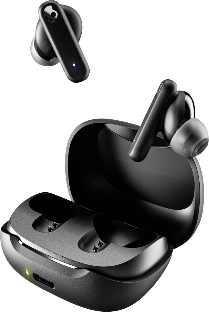A sleek pair of black wireless earbuds with silicone tips, one resting in a smooth, open charging case and the other floating above.