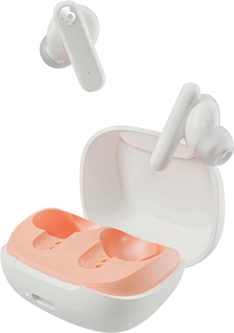 A pair of white wireless earbuds with a peach charging case, one earbud is floating above the case, showcasing the design and color.