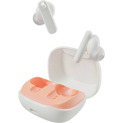 A pair of white wireless earbuds with a peach charging case, one earbud is floating above the case, showcasing the design and color.
