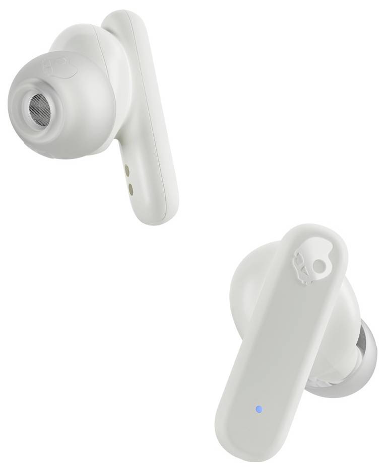 White wireless earbuds with elongated stems and silicone ear tips, featuring a small blue indicator light.