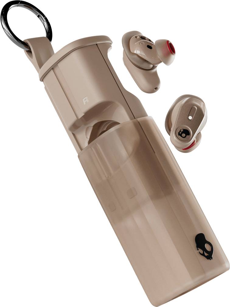Brown wireless earbuds and charging case with a keychain attachment, featuring a skull logo.