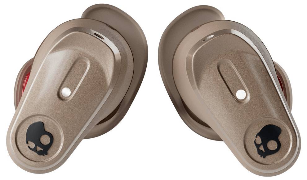 Brown wireless earbuds, each with a subtle logo imprint, designed for secure in-ear fit and modern audio experience.