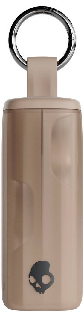 A tan wireless earbud charging case with a metal loop at the top, featuring a small skull logo on the front.