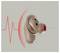 Hearing aid against a gray background with a red heartbeat line suggesting sound analysis or monitoring capabilities.