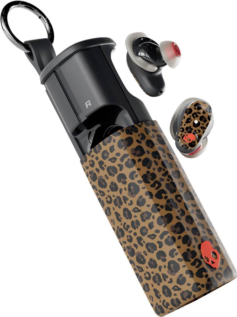 Leopard print wireless earbuds with a matching charging case, featuring red accents and a compact design with a keychain attachment.