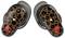Leopard-print wireless earbuds with skull logo, featuring touch controls and ergonomic design for comfort.