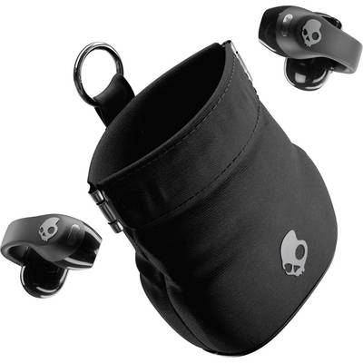 Black wireless earbuds with skull logo, shown with a matching black carrying pouch.