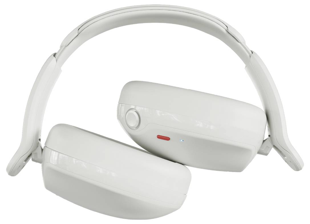 White wireless headphones folded on a white background, featuring padded ear cups and a small control button on the side.