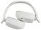 White wireless headphones folded on a white background, featuring padded ear cups and a small control button on the side.