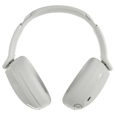 White wireless over-ear headphones, shown from the front with visible controls on the right earcup.