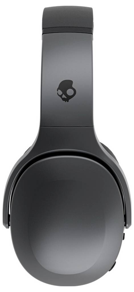 Black over-ear headphones with a skull logo on the headband, viewed from the front.