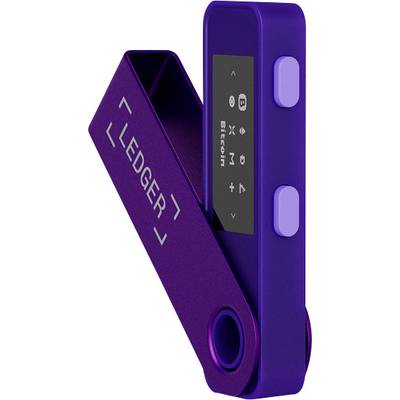 A purple Ledger cryptocurrency hardware wallet with a closed flap, displaying icons and 'Bitcoin' on its screen.