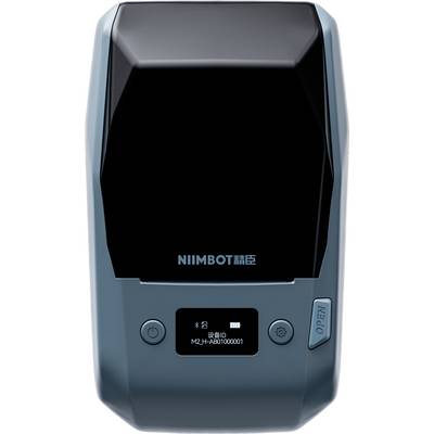 Compact NIIMBOT label printer with black cover, small status display, power and settings buttons, and open side latch.
