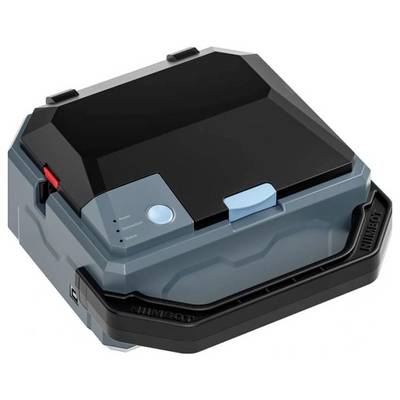 Portable blue-black robotic vacuum charger dock with a top lid, control button, and status lights<br>