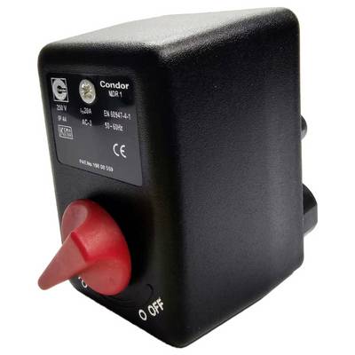 Black electrical switch box with red rotary knob, labeled Condor NDR 1 and OFF.