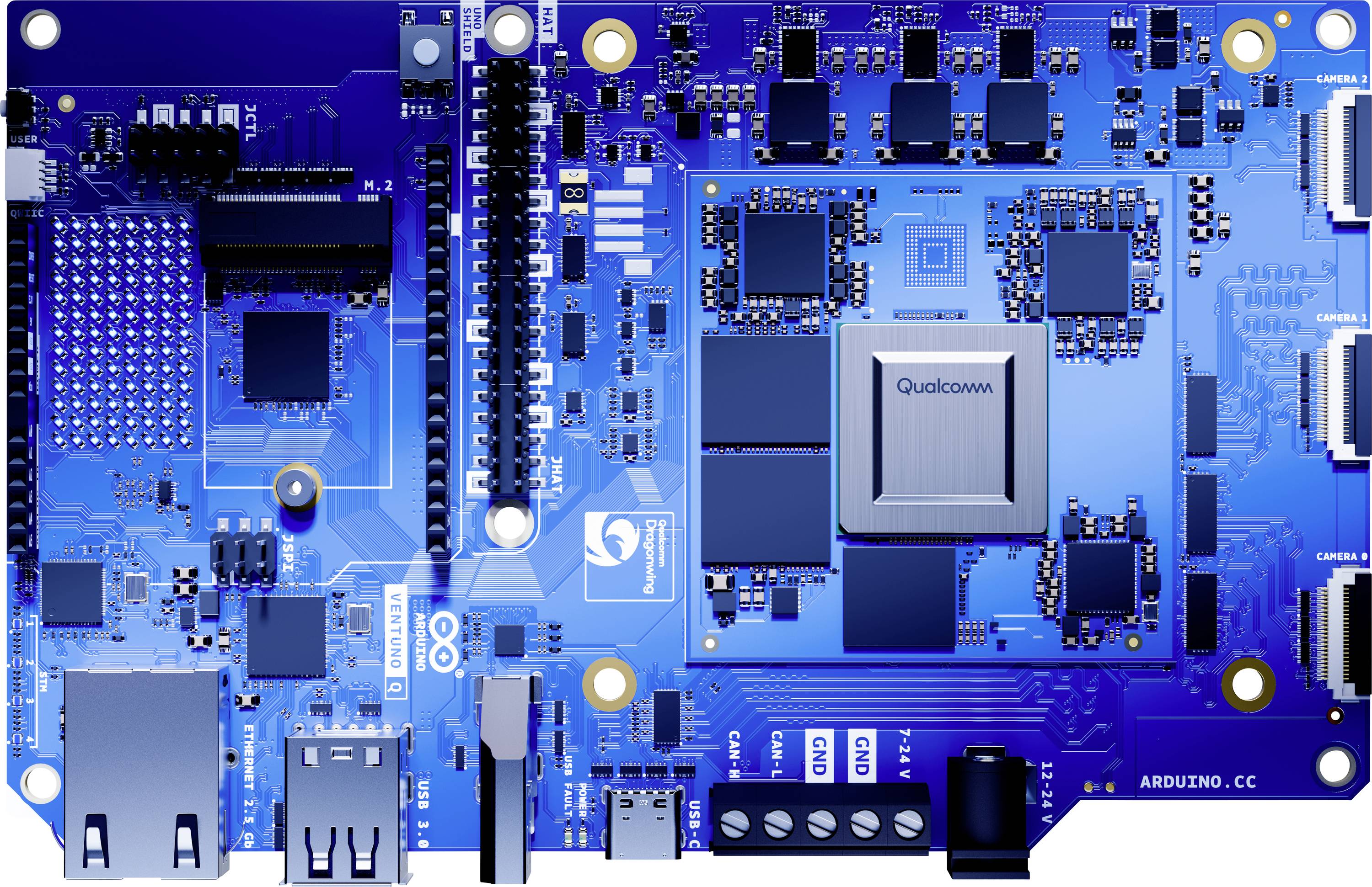A blue circuit board featuring a large central processor marked 'Qualcomm' and various smaller chips and connectors, indicative of technical hardware.