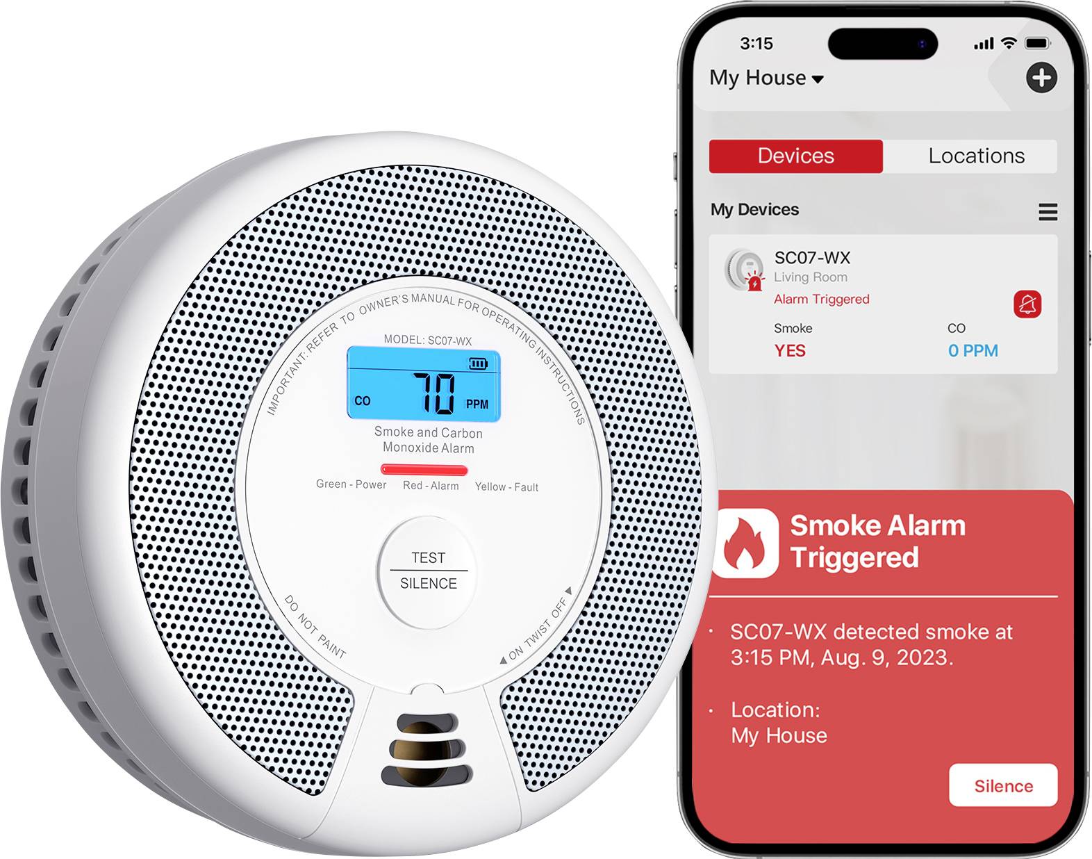 'Smoke and carbon monoxide alarm device showing 70 PPM; mobile app interface displays a triggered smoke alarm alert at 3:15 PM, Aug 9, 2023.'