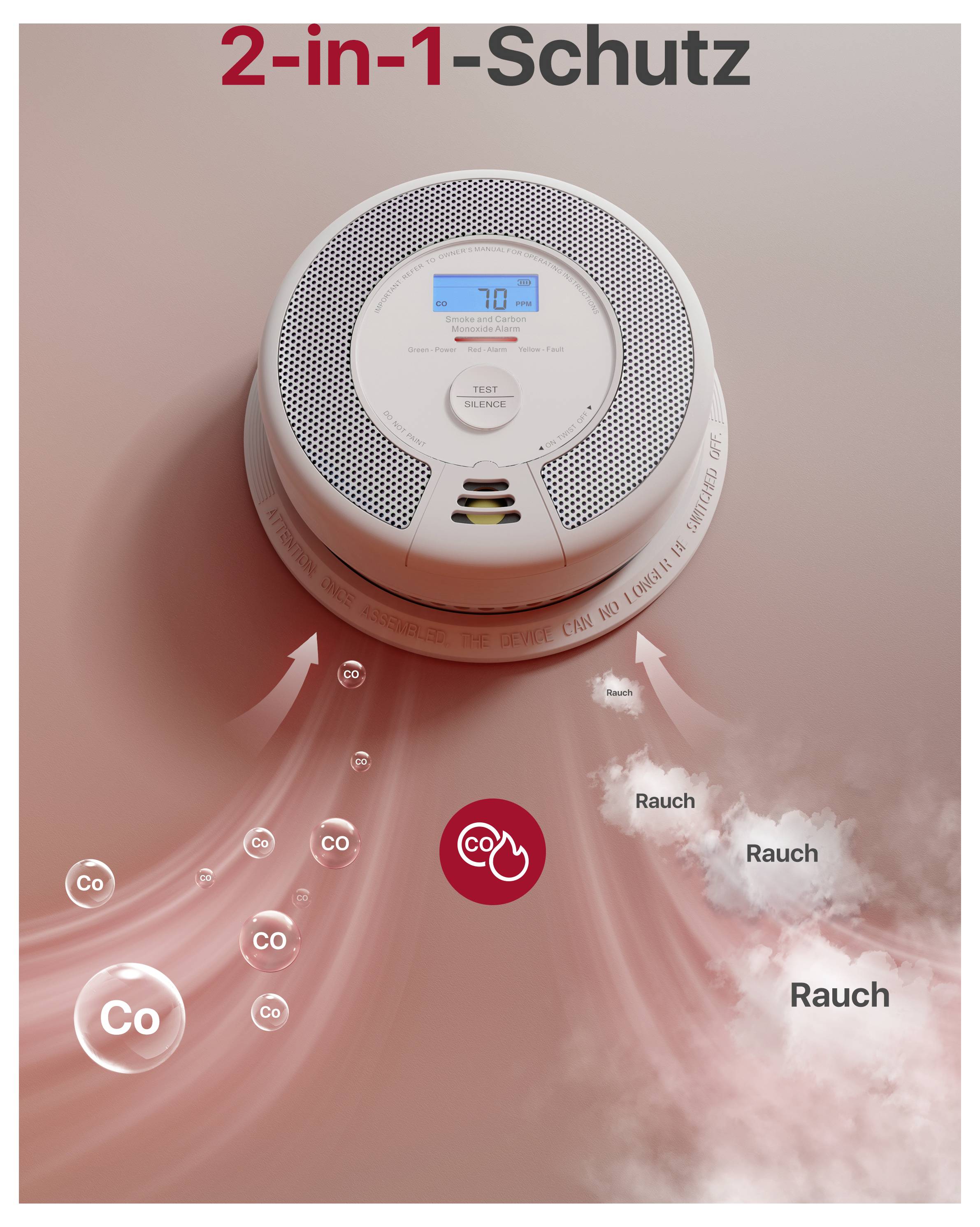 Smoke and Carbon Monoxide Detector displaying 70 ppm CO, arrows and symbols illustrating protective effect. Text '2-in-1 Protection' at the top.