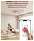A smoke detector on a ceiling emits a red light. A person sits on a couch holding a dog. A hand points at a smartphone app for testing the device.