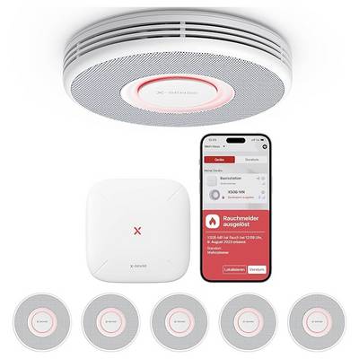 A smoke detector system, showing a main unit with smartphone app displaying an alert, and multiple smaller detectors arranged below.