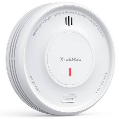 A circular X-Sense smoke detector with a test button, indicator light, and inscriptions for installation guidance.