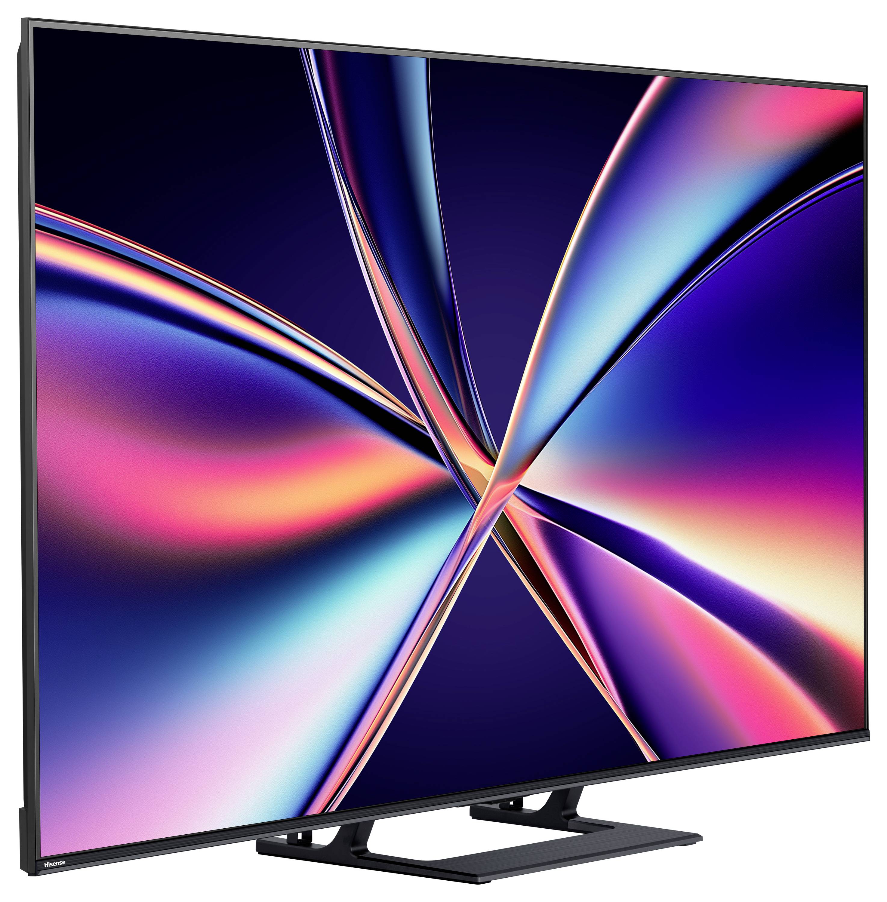 A large flat-screen TV with a vibrant abstract swirl design on the display, showcasing a mix of blue, pink, and orange hues.