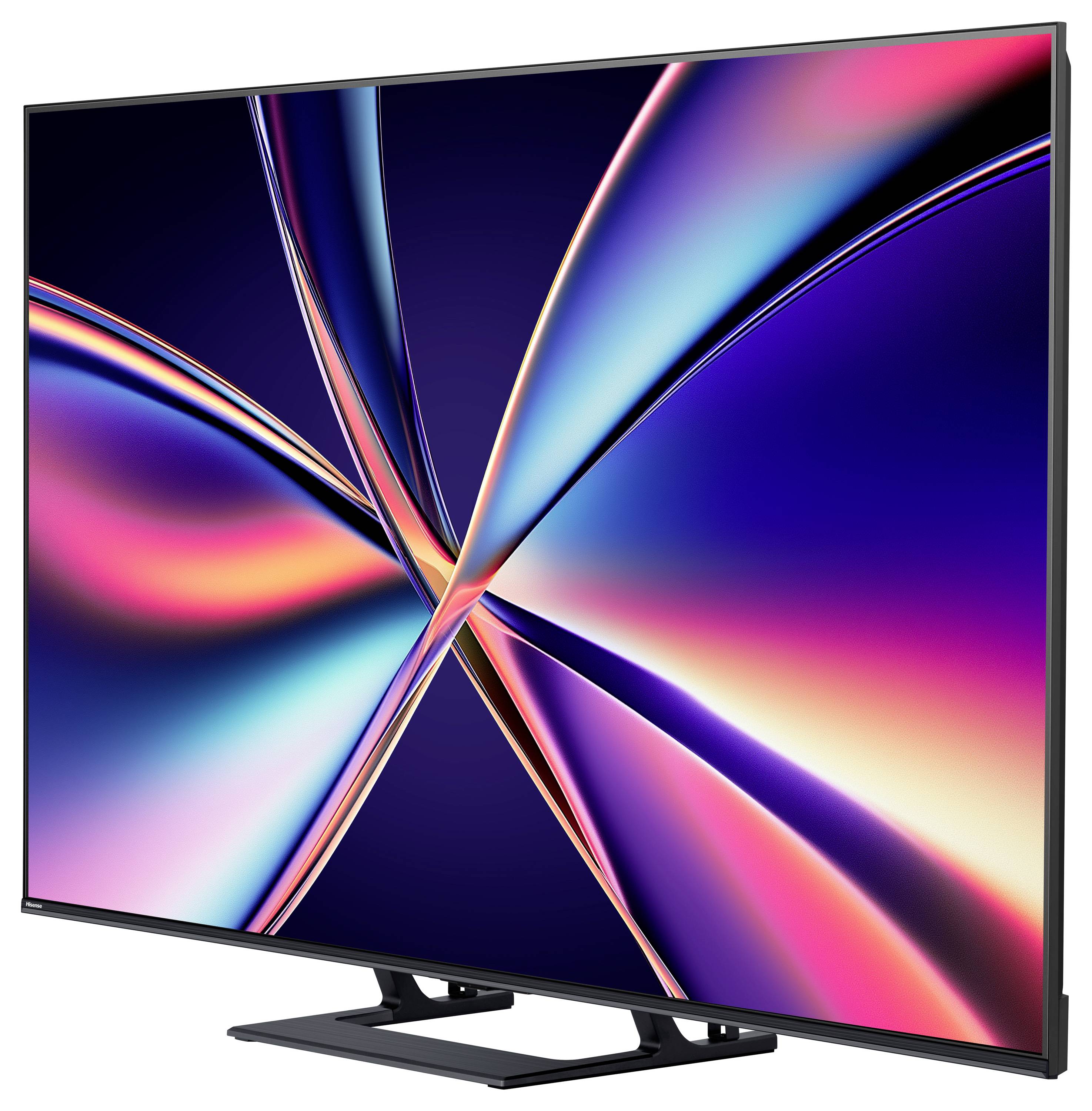 A sleek flat-screen TV displaying vibrant abstract patterns with neon colors against a dark background, showcasing a modern design.