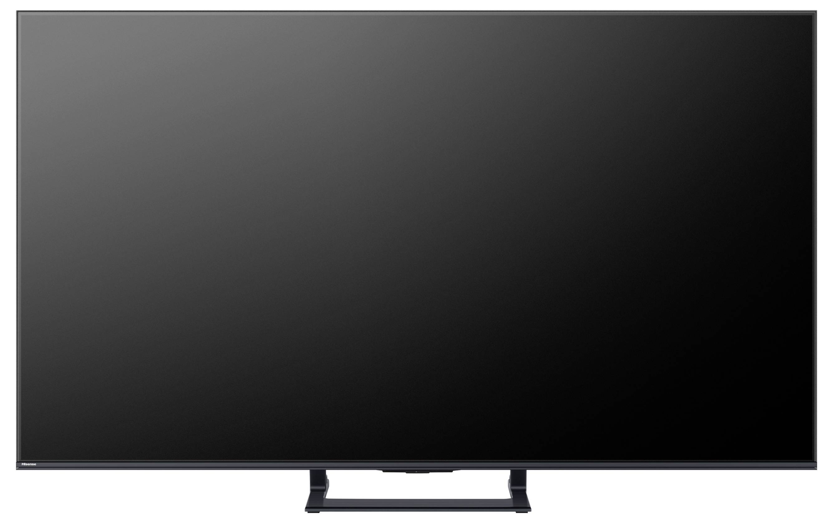 A flat-screen television with a thin bezel, displaying a blank black screen, set on a simple stand with a minimalist design.