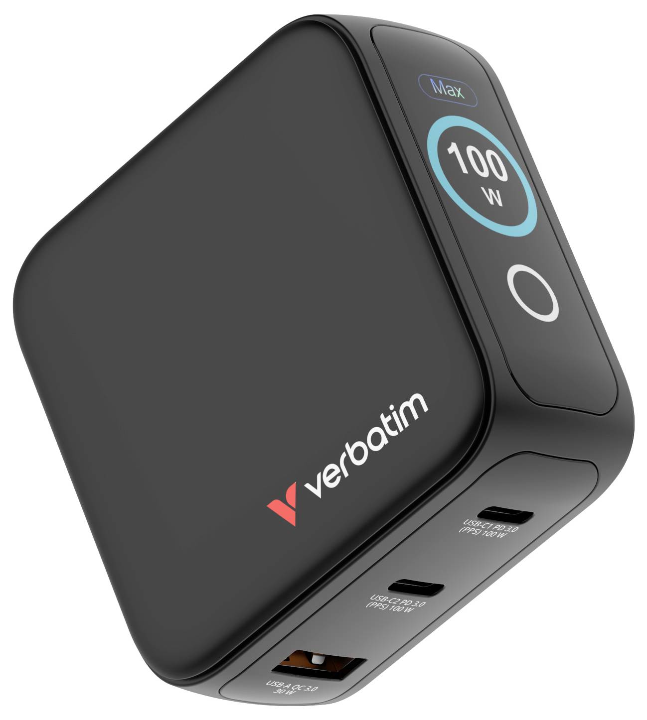 A black Verbatim power adapter with multiple USB ports, displaying '100W Max' on the side.