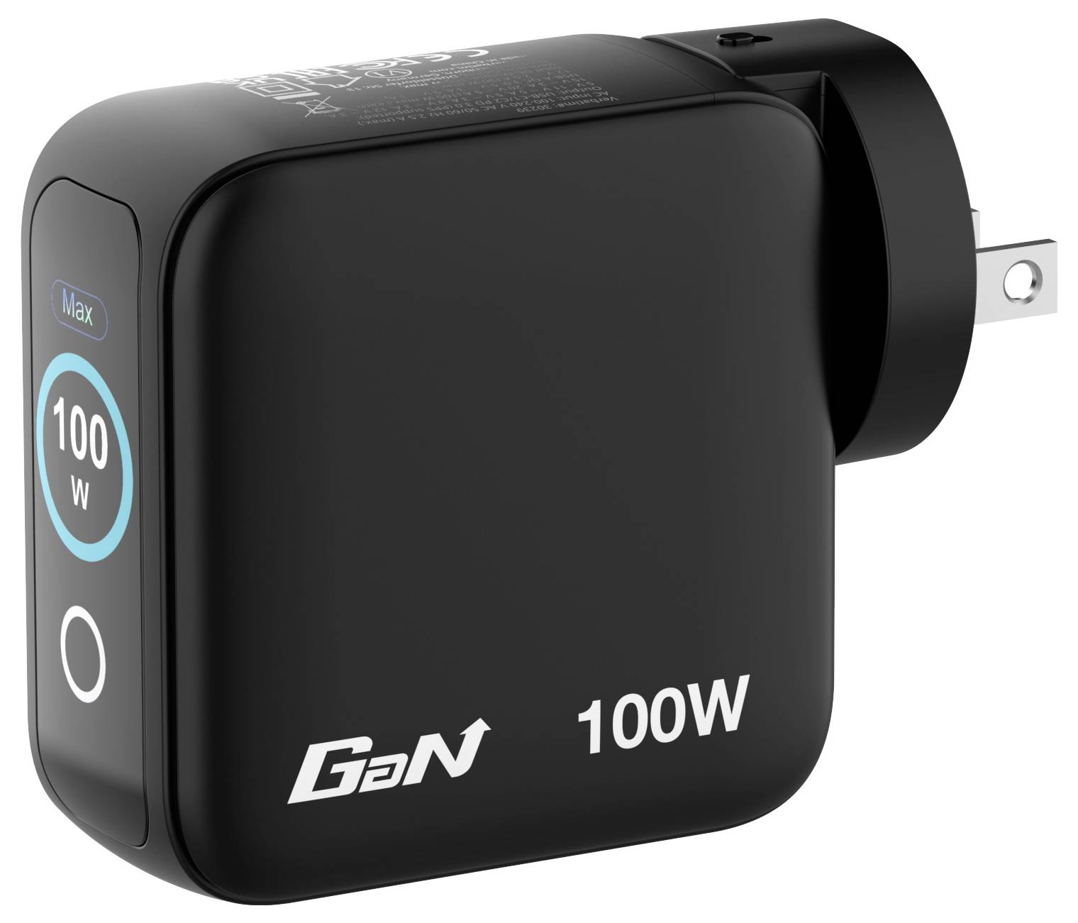 'Black 100W GaN charger with foldable plug, labeled 100W and GaN. Circular design indicates power level. Compact and portable.'