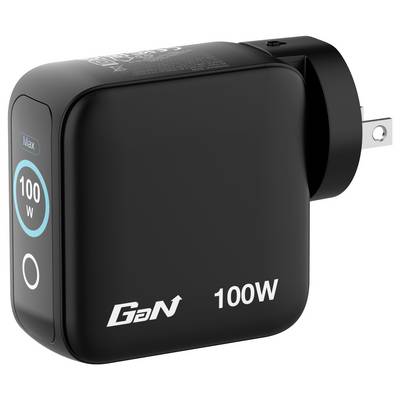 'Black 100W GaN charger with foldable plug, labeled 100W and GaN. Circular design indicates power level. Compact and portable.'