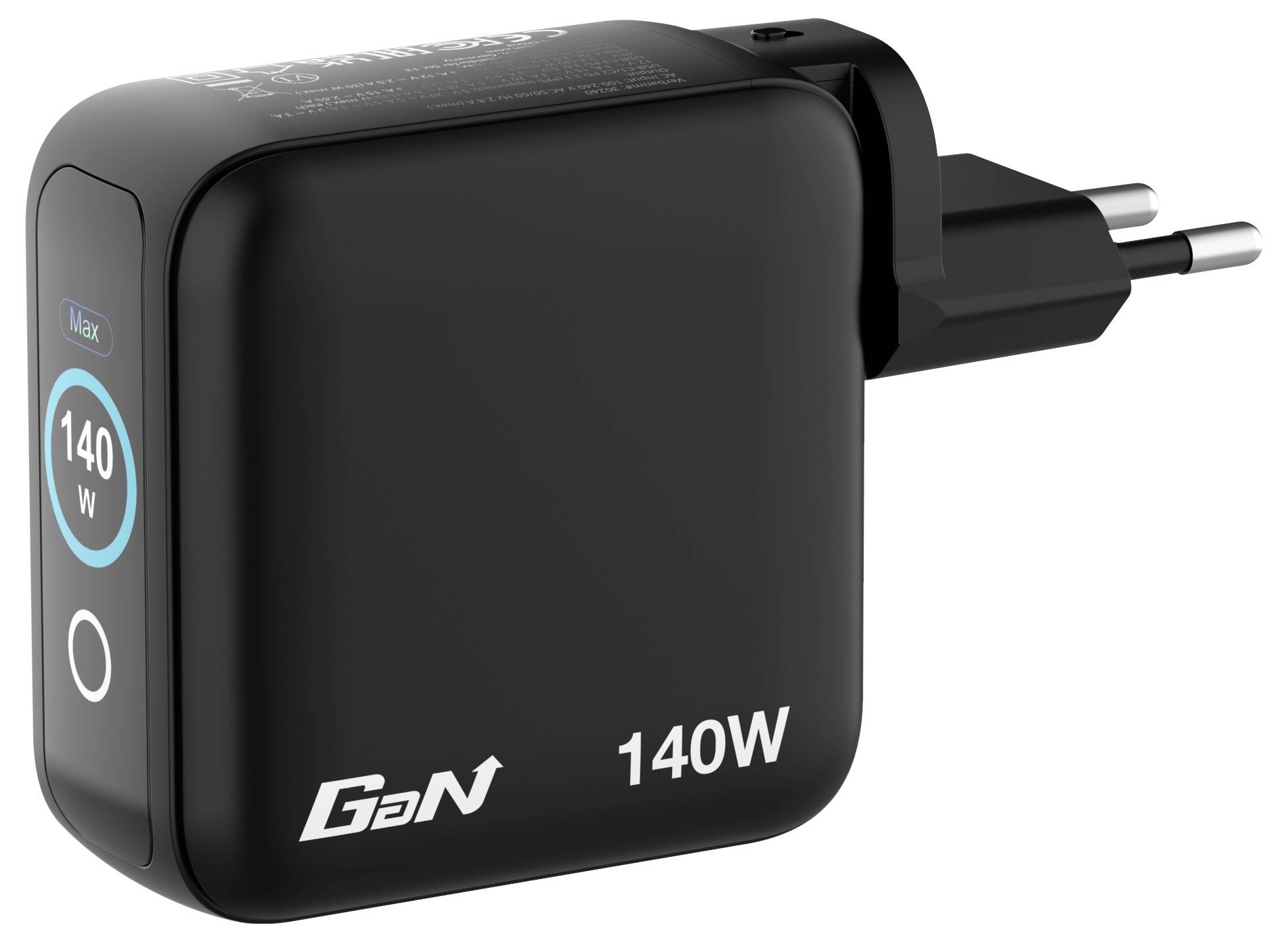 'A black GaN 140W USB charger with two-prong plug, featuring a blue LED power indicator and a sleek compact design.'