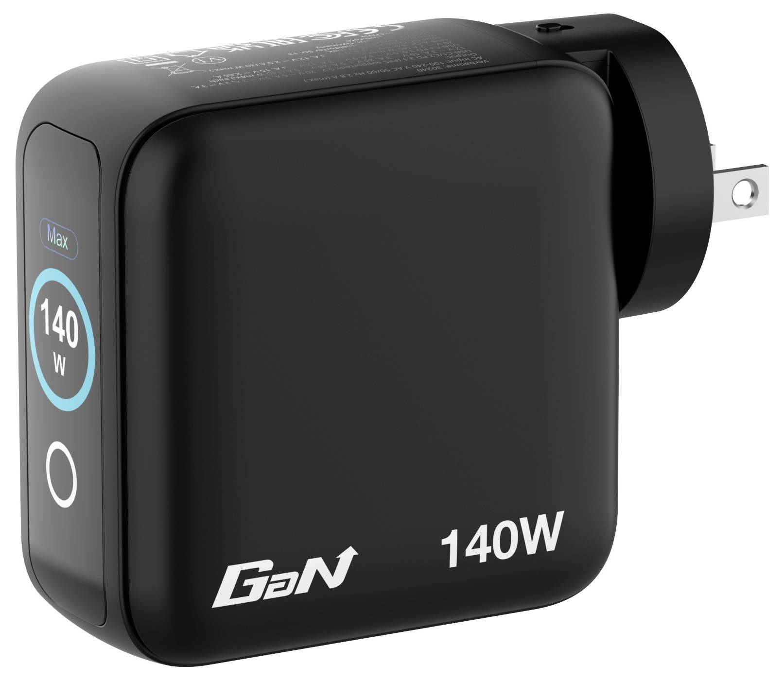 A black 140W GaN charger with foldable prongs and 'GaN 140W' labeled on it, showcasing compact design and high power output.