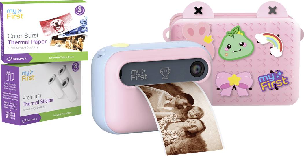 'A pink and blue instant camera prints a sepia-toned photo of a couple. Surrounding it are packages of color burst paper and thermal stickers.'