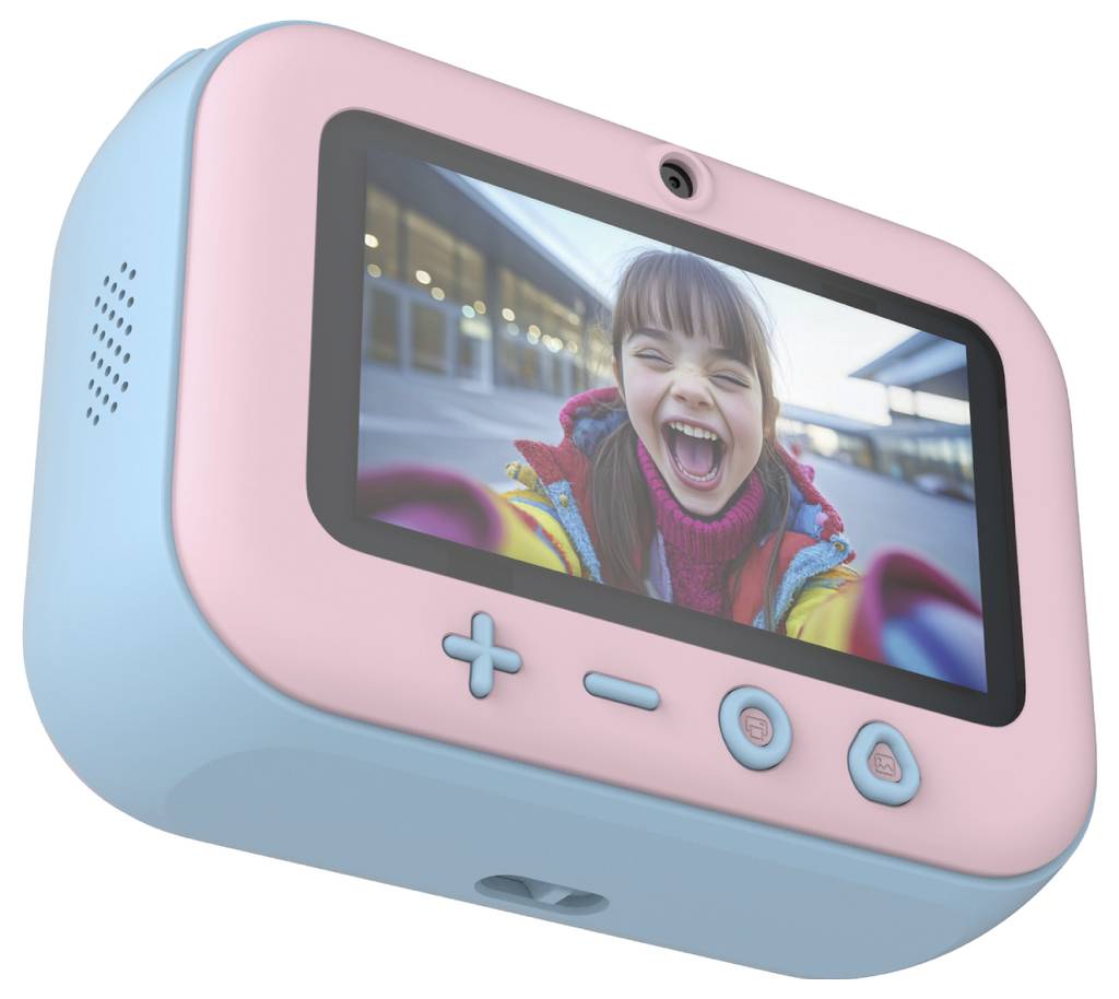 A pink and blue digital camera with a screen displaying a smiling child, wearing a red sweater and colorful jacket, in a bright setting.