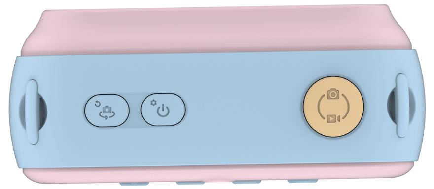 A rectangular device with a blue front and pink top, featuring two buttons: one with a cloud icon, another with a power symbol, and a circular camera button.