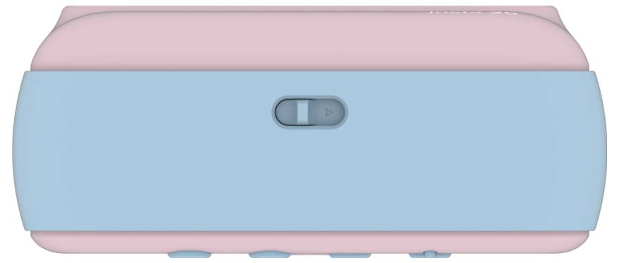 A rectangular device with a pink top and blue bottom. A switch is centered on the blue side, possibly for controlling a function.