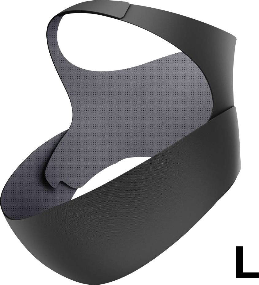 Black virtual reality headset strap labeled 'L', featuring a wide, adjustable band with a curved design for comfort.