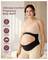 A pregnant woman wears a supportive belly band. Text highlights features: ergonomic design, O-shaped molding, soft fabric, breathable lining.