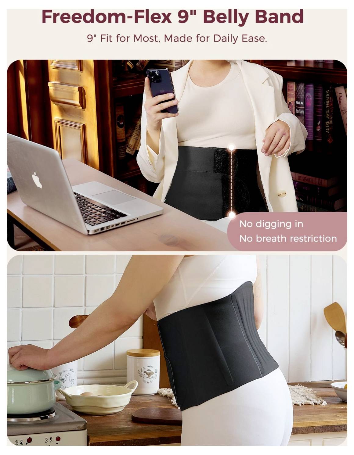 'A woman in a kitchen wears the Freedom-Flex 9" Belly Band, demonstrating comfort and flexibility. Text highlights 'No digging in' and 'No breath restriction.''