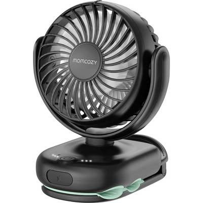 A black, portable clip-on fan with a round grille, branded 'momcozy,' mounted on an adjustable base.