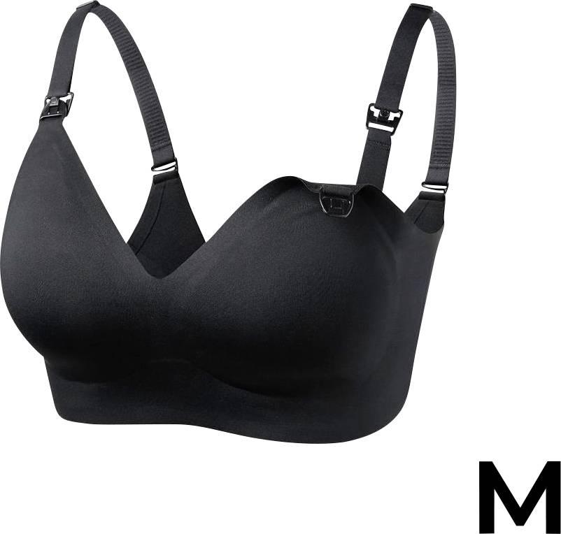 A black, seamless, wireless bra with adjustable straps, featuring a sleek, modern design. Size marked as 'M' in the bottom right corner.