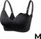 A black, seamless, wireless bra with adjustable straps, featuring a sleek, modern design. Size marked as 'M' in the bottom right corner.