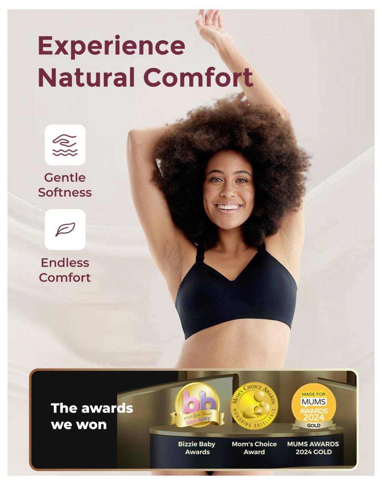 A smiling person with curly hair stretches in a black sports bra. Text highlights 'Gentle Softness' and 'Endless Comfort.' Bottom displays three award logos.