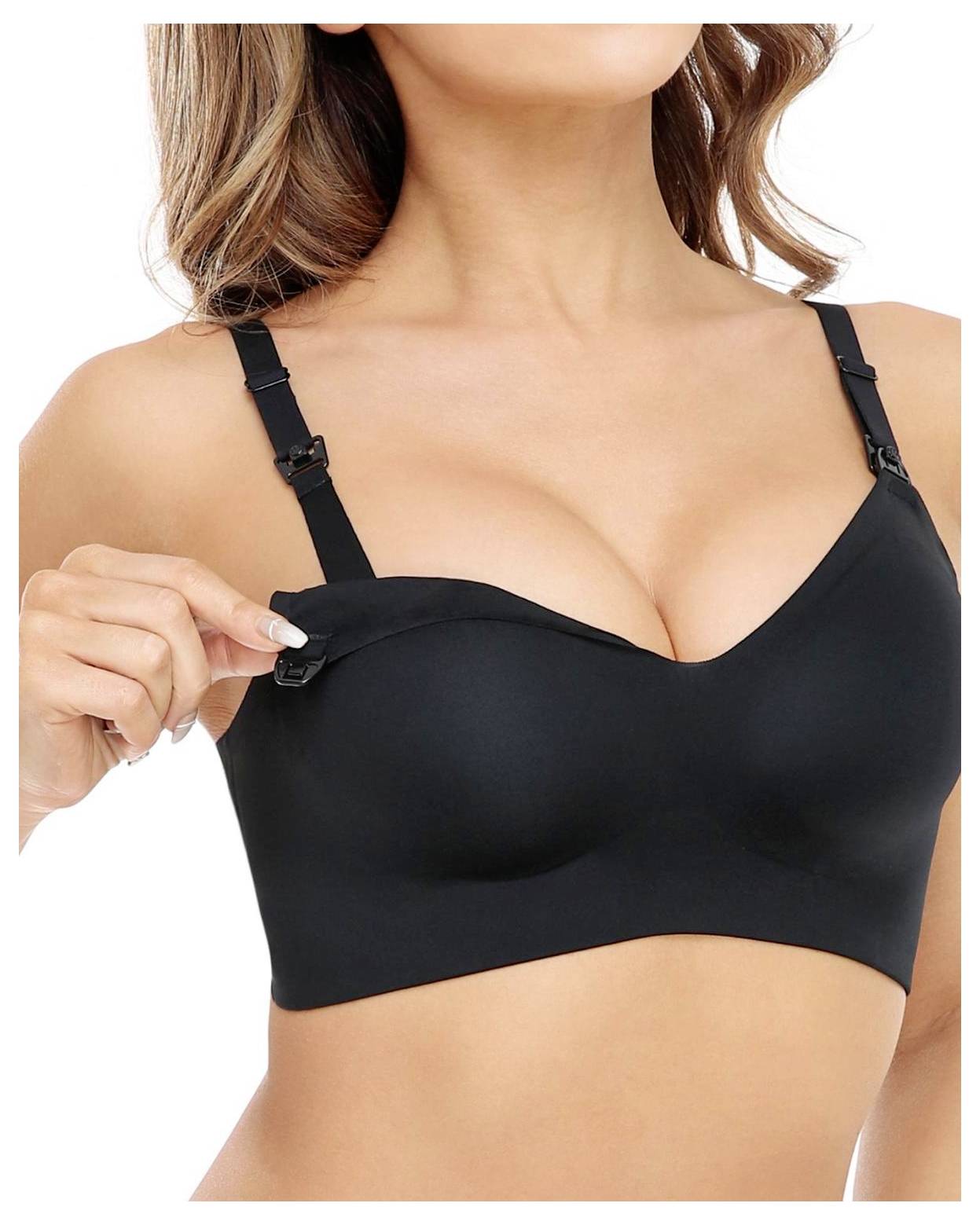 A person wearing a black maternity bra with an adjustable front panel slightly open, demonstrating nursing functionality.