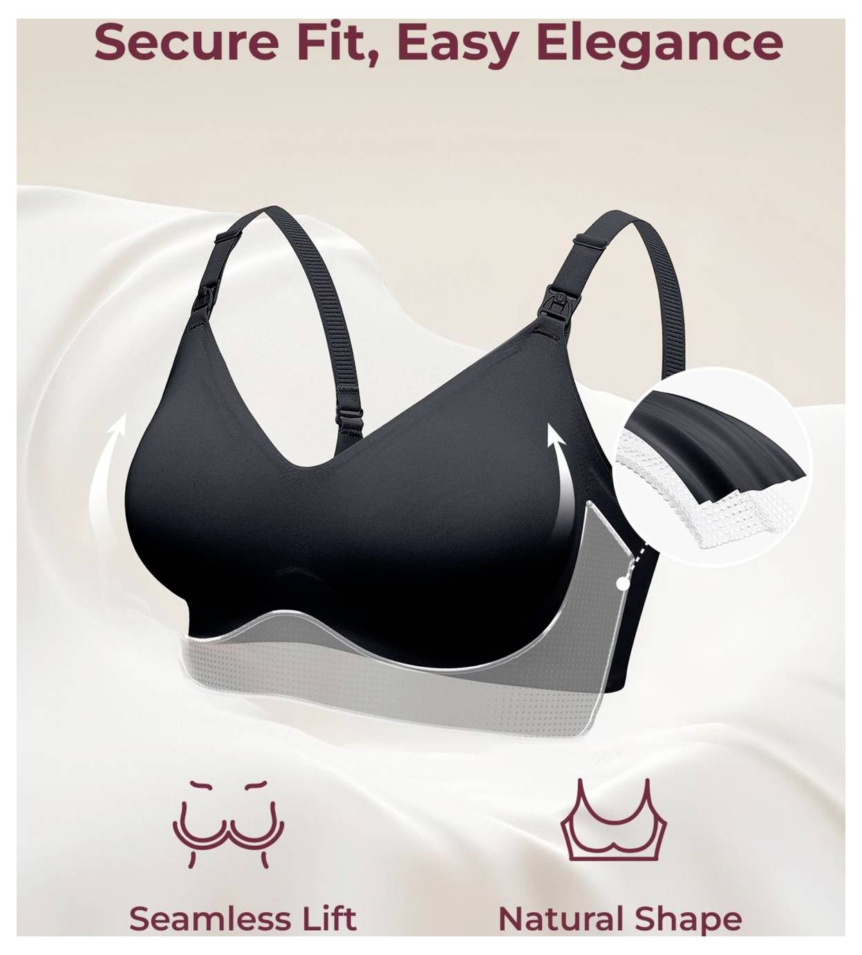 A black bra labeled 'Secure Fit, Easy Elegance' with features noted: 'Seamless Lift' and 'Natural Shape' visualized by arrows.