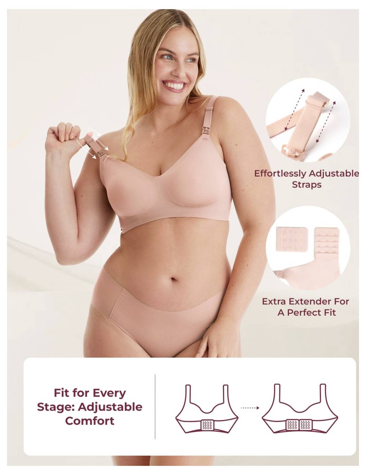 A woman in pink underwear showing adjustable bra straps. Inset images depict strap and extender adjustments. Text reads 'Fit for Every Stage: Adjustable Comfort'.